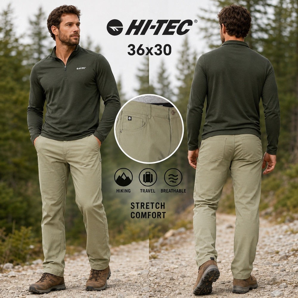 Hi-Tec Mens 36x30 Hiking Pants Olive Green Stretch Nylon Outdoor Travel HT0P3255